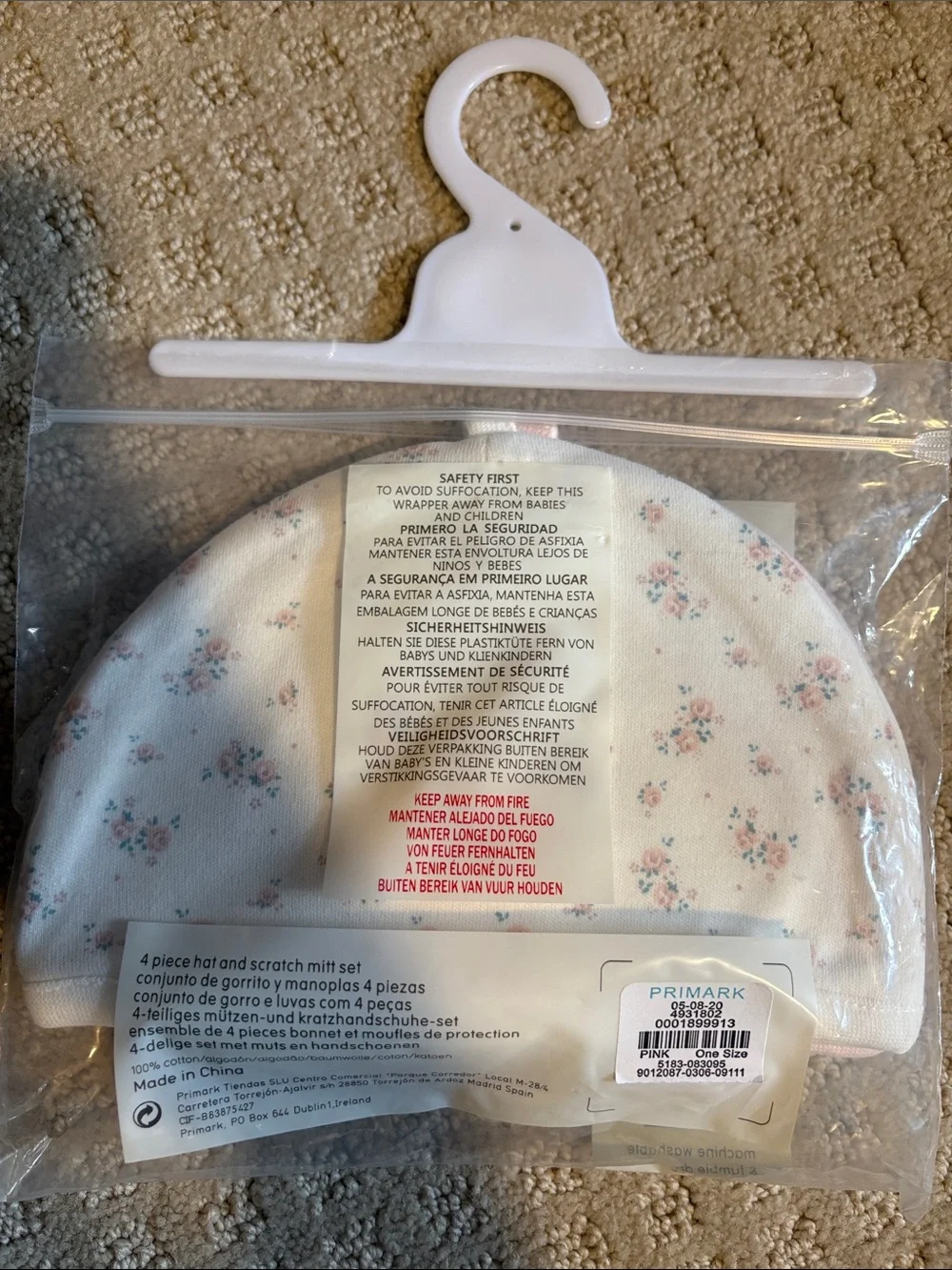 Primark Baby Hat and Mitt Set in Pale Pink and Floral